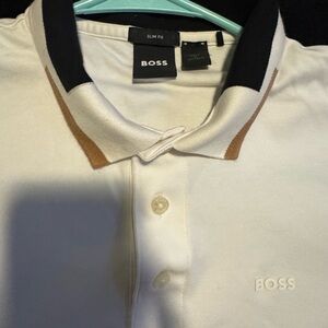 BOSS White Polo with Black and Brown Accents